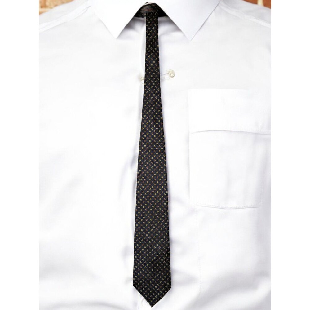 Firenze 100% Silk Tie, Black Geometric with Accents of Red, Gold, and Green Tie